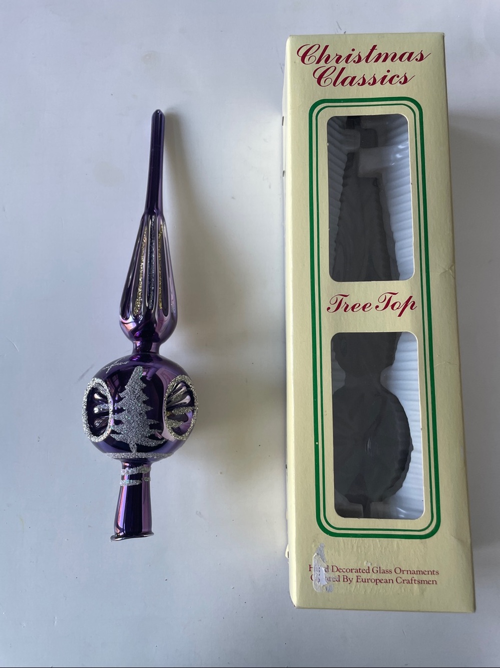 Vintage Christmas Tree Topper Purple Blown Glass Glitter 11"
